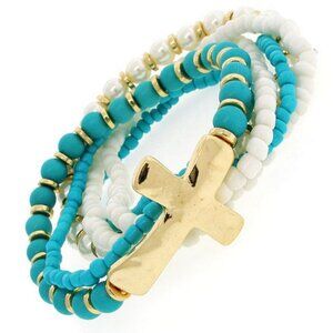 Turquoise and Faux Pearl Beaded Cross Bracelet Set of 5 NWT
